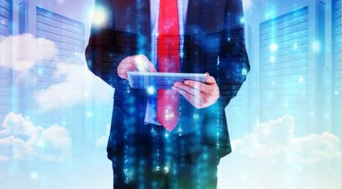 Composite image of businessman scrolling on his digital tablet Stock Illustration