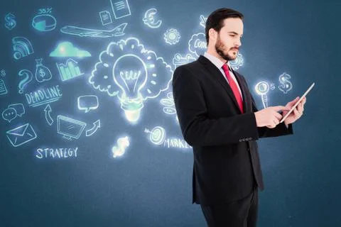 Composite image of businessman scrolling on his digital tablet Stock Illustration