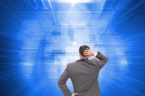 Composite image of businessman standing back to camera scratching his head Illustrazione stock