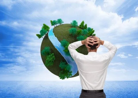Composite image of businessman standing back to camera hands on head Illustrazione stock