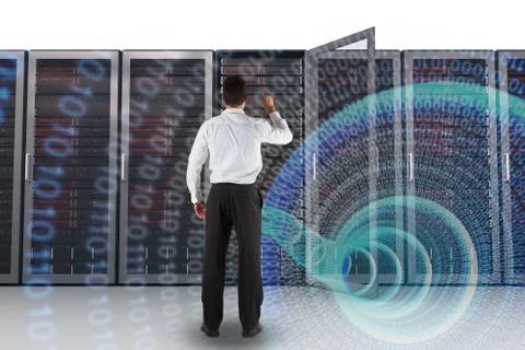 Composite image of businessman standing back to the camera pointing Illustrazione stock