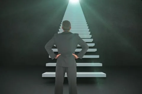 Composite image of businessman standing back to the camera with hands on hip 3d Stock Photos