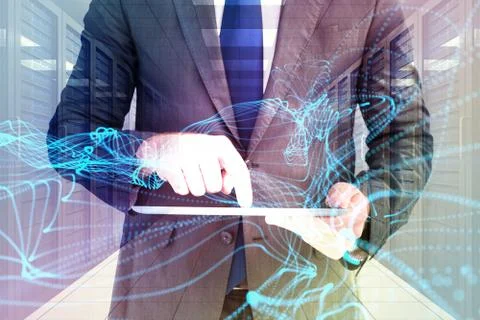 Composite image of businessman using his tablet pc Stock Illustration
