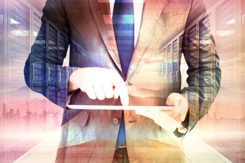 Composite image of businessman using his tablet pc Stock Illustration