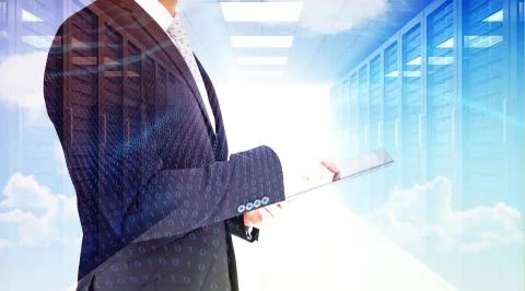 Composite image of businessman using his tablet pc 스톡 일러스트