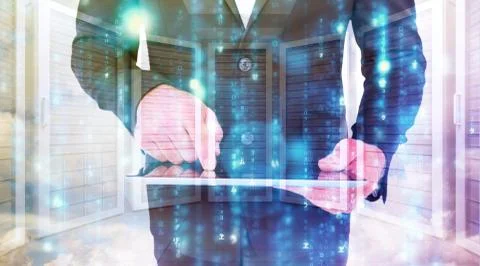 Composite image of businessman using his tablet pc Stock Illustration