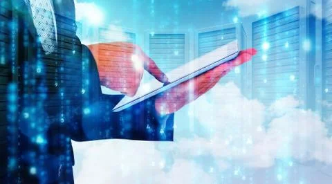 Composite image of businessman using his tablet pc Illustrazione stock