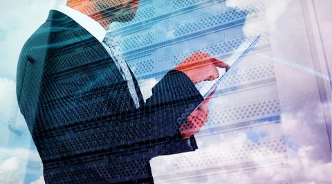 Composite image of businessman using his tablet pc Stock Illustration