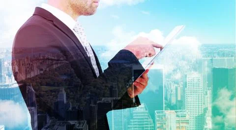 Composite image of businessman using his tablet pc Stock Illustration