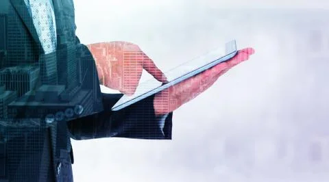 Composite image of businessman using his tablet pc Stock Illustration
