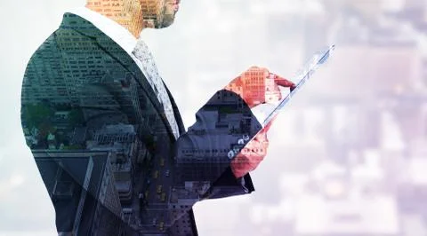 Composite image of businessman using his tablet pc Stock Illustration