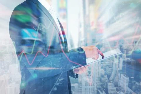Composite image of businessman using his tablet pc Stock Illustration