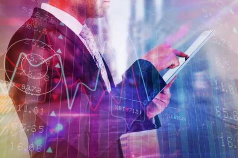 Composite image of businessman using his tablet pc Stock Illustration