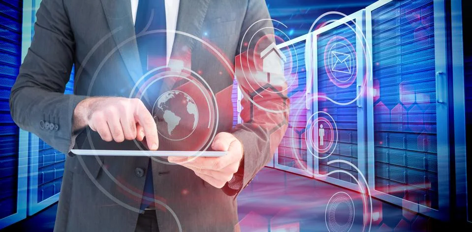 Composite image of businessman using his tablet pc Stock Illustration