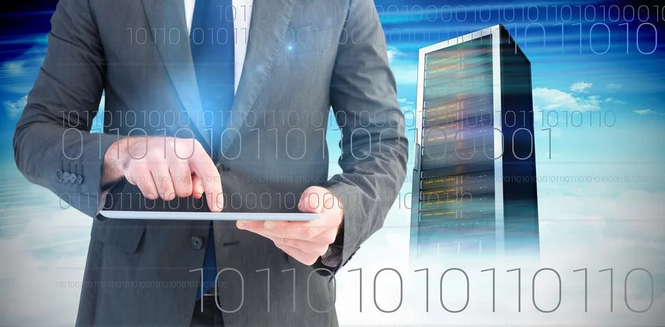 Composite image of businessman using his tablet pc 스톡 일러스트