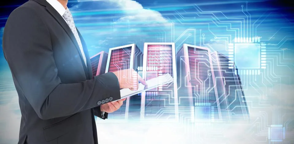 Composite image of businessman using his tablet pc Stock Illustration