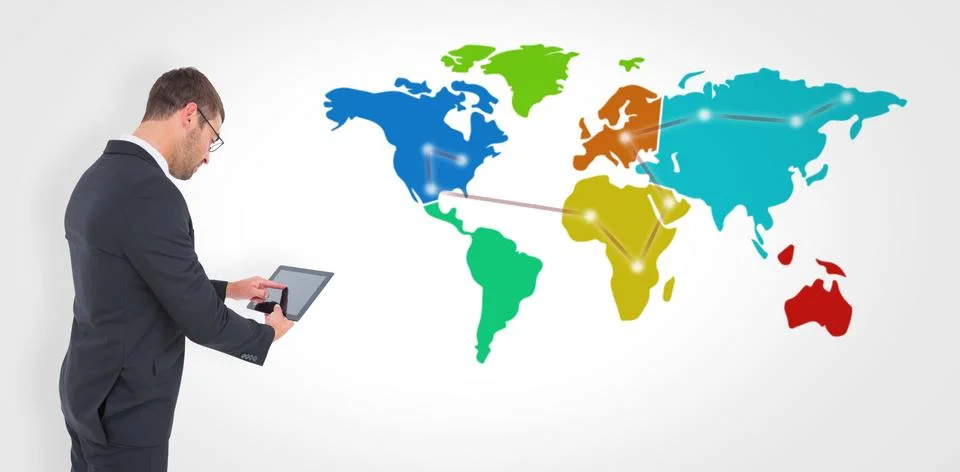 Composite image of businessman using his tablet pc Illustrazione stock