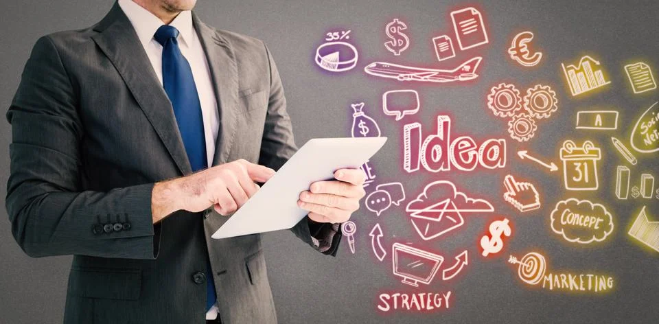 Composite image of businessman using his tablet pc Stock Illustration