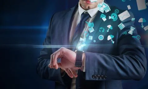 Composite image of businessman using hologram watch 스톡 일러스트