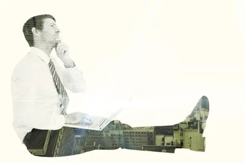 Composite image of businessman using laptop and thinking Illustrazione stock