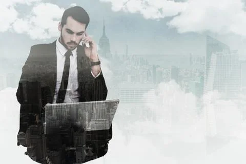 Composite image of businessman using laptop while phoning Stock Illustration