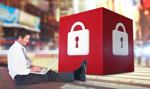 Composite image of businessman using laptop and smiling Stock Illustration