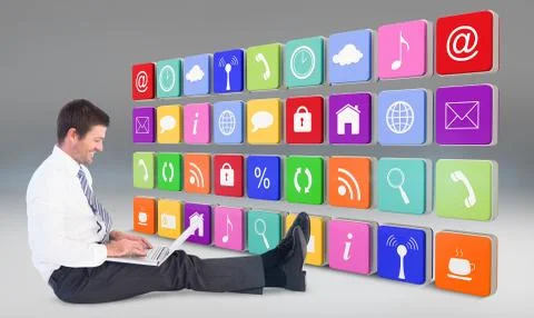 Composite image of businessman using laptop and smiling Stock Illustration