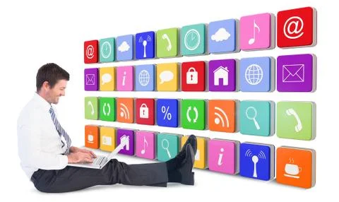 Composite image of businessman using laptop and smiling Stock Illustration