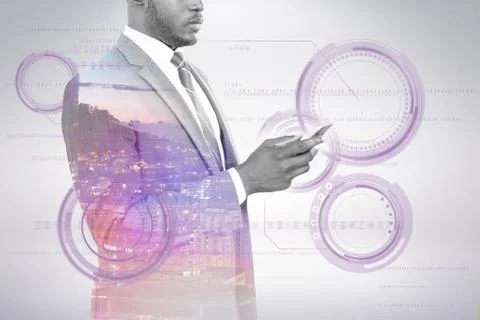 Composite image of businessman using smart phone 3d 写真素材