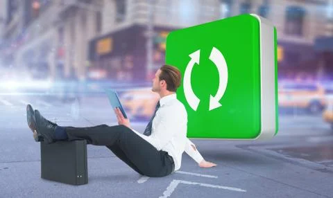 Composite image of businessman using tablet with feet up on briefcase 库存插图
