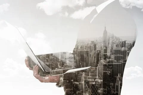 Composite image of businessman with watch using tablet pc Illustrazione stock