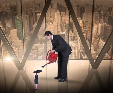 Composite image of businessman watering tiny business woman Illustrazione stock