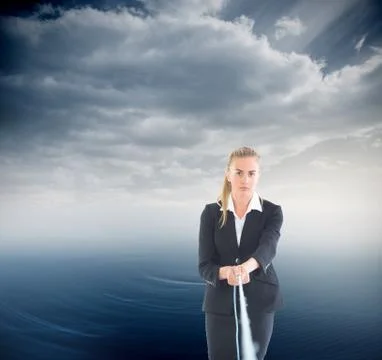 Composite image of businesswoman pulling a rope Stock Illustration