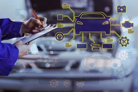 Composite image of car mechanics Stock Photos