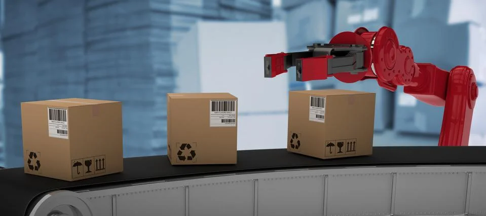 Composite image of cardboard boxes on 3d production line Foto stock
