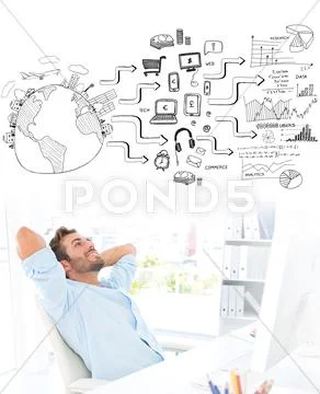 Composite Image Of Casual Man Resting With Hands Behind Head In Office