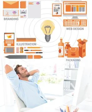 Composite image of casual man resting with hands behind head in office Ilustración de archivo