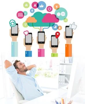 Composite image of casual man resting with hands behind head in office Ilustración de archivo