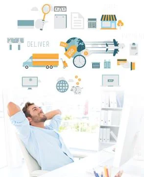 Composite image of casual man resting with hands behind head in office Stock Illustration