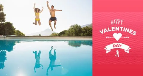 Composite image of cheerful couple jumping into swimming pool Illustrazione stock