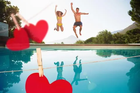 Composite image of cheerful couple jumping into swimming pool Illustrazione stock