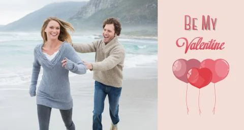Composite image of cheerful couple running at beach Ilustração Stock