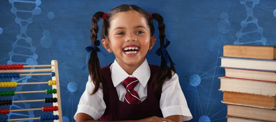 Composite image of cheerful schoolgirl with stack of books Stock Photos