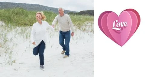 Composite image of cheerful senior couple running at beach Ilustração Stock