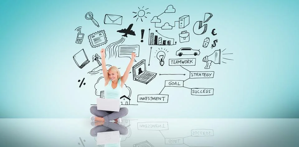 Composite image of cheering blonde using laptop Ilustración de archivo
