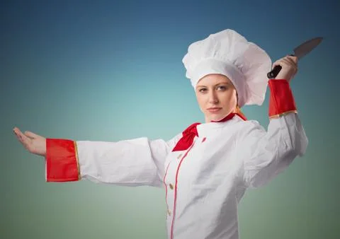 Composite image of Chef with knife against blue green background Stock Photos
