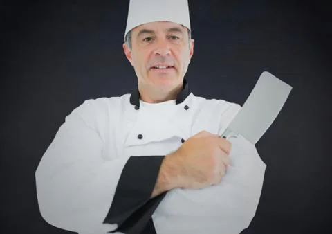 Composite image of Chef with knife against navy background Stock Photos