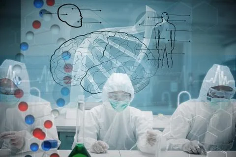 Composite image of chemists working in protective suit with futuristic interface Stock Illustration