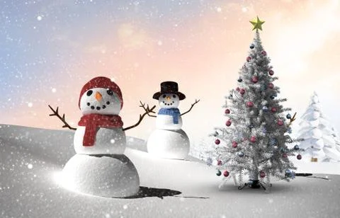 Composite image of christmas tree and snowmen Stock Illustration