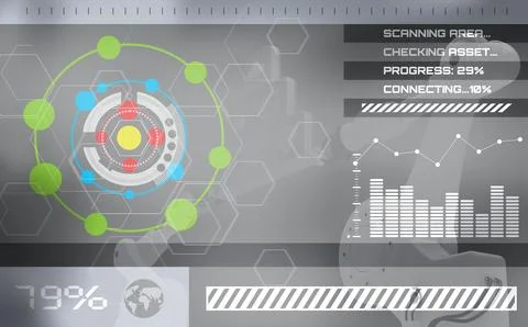 Composite image of circle shape icons and graphs on screen Stock Illustration
